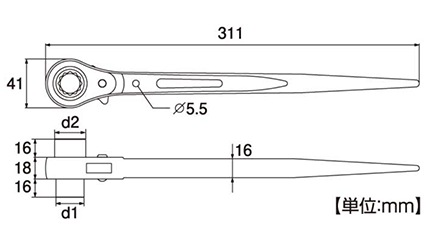 トップ工業 タフガチャ 輝 (両口ラチェットレンチ/ シノ付)(KRMS)の寸法図