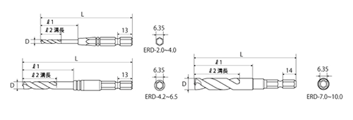 トップ工業 六角軸 鉄工用薄板ドリル (ERD)の寸法図
