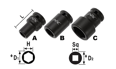NAC(長堀工業) 6角ソケット ショートタイプ (差込角 6.35mm・1/4)の寸法図
