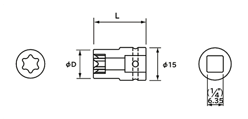 NAC(長堀工業) トルクスE型ソケット(ボルト用)(S2)(差込角 6.35mm・1/4)の寸法図