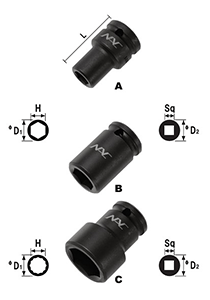 NAC(長堀工業) 6角ソケットショートタイプ (差込角 9.5mm・3/8)の寸法図