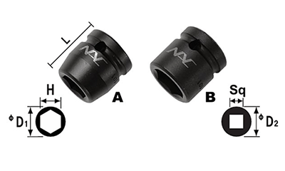 NAC(長堀工業) 6角ソケットミニタイプ (差込角 9.5mm・3/8)の寸法図