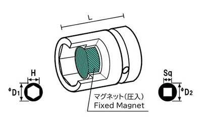 NAC(長堀工業) 6角ソケットMPショートタイプ(マグネチット圧入)(差込角 9.5mm・3/8)の寸法図