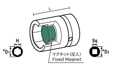 NAC(長堀工業) 6角ソケットMPミニタイプ(マグネチット圧入)(差込角 9.5mm・3/8)の寸法図