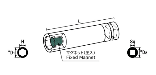 NAC(長堀工業) 6角ソケットMPディープタイプ(マグネチット圧入)(差込角 9.5mm・3/8)の寸法図