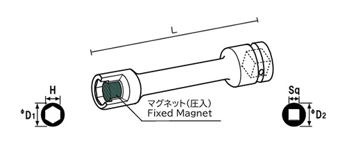NAC(長堀工業) 6角ソケットMPエクステンションタイプ(マグネチット圧入)(差込角 9.5mm・3/8)の寸法図