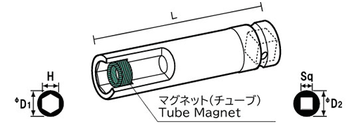 NAC(長堀工業) 6角ソケットMTディープタイプ(マグネチットチューブ)(差込角 9.5mm・3/8)の寸法図