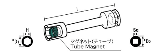 NAC(長堀工業) 6角ソケットMTエクステンションタイプ(マグネチットチューブ)(差込角 9.5mm・3/8)の寸法図