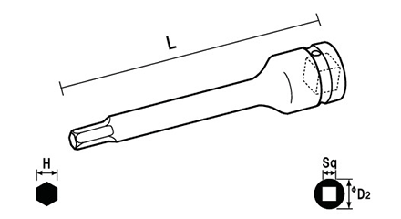 NAC(長堀工業) ヘキサゴンソケット ロングタイプ(六角穴付きボルト用)(差込角 9.5mm・3/8)の寸法図