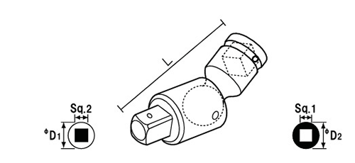 NAC(長堀工業) ユニバーサルジョイント(差込角 9.5mm～25.4mm)の寸法図