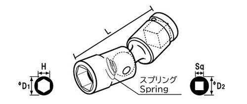 NAC(長堀工業) ユニバーサルソケット(差込角 9.5mm・3/8)の寸法図