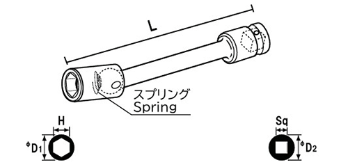 NAC(長堀工業) ユニバーサルソケット エクステンションタイプ(差込角 9.5mm・3/8)の寸法図