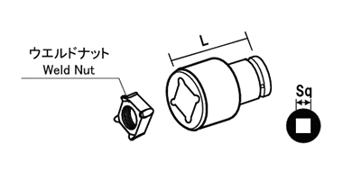 NAC(長堀工業) 四角ウエルドナットソケット(差込角 9.5mm・3/8)の寸法図