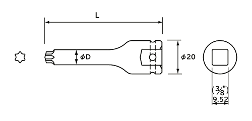 NAC(長堀工業) トルクスT型ソケット(S3)(差込角 9.5mm・3/8)の寸法図