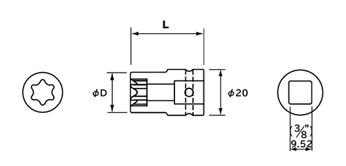 NAC(長堀工業) トルクスE型ソケット(ボルト用)(S3)(差込角 9.5mm・3/8)の寸法図