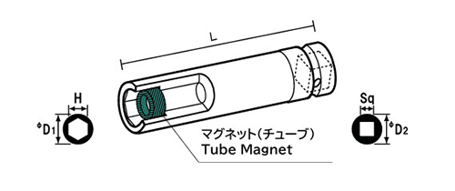 NAC(長堀工業) 6角ソケットMTディープタイプ(マグネチットチューブ)(差込角 12.7mm・1/2)の寸法図