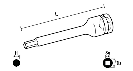 NAC(長堀工業) ヘキサゴンソケット ロングタイプ(六角穴付きボルト用)(差込角 12.7mm・1/2)の寸法図