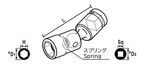 NAC(長堀工業) ユニバーサルソケット(差込角 12.7mm・1/2)の寸法図