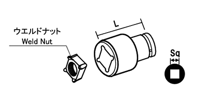 NAC(長堀工業) 四角ウエルドナットソケット(差込角 12.7mm・1/2)の寸法図