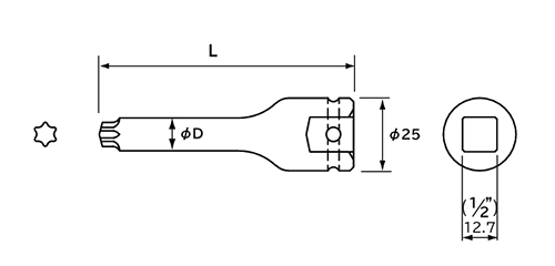 NAC(長堀工業) トルクスT型ソケット(S4)(差込角 12.7mm・1/2)の寸法図