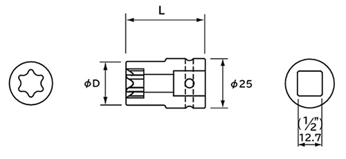 NAC(長堀工業) トルクスE型ソケット(ボルト用)(S4)(差込角 12.7mm・1/2)の寸法図
