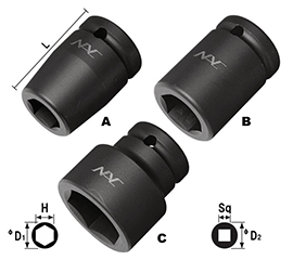 NAC(長堀工業) 6角ソケット (差込角 15.9mm・5/8)の寸法図