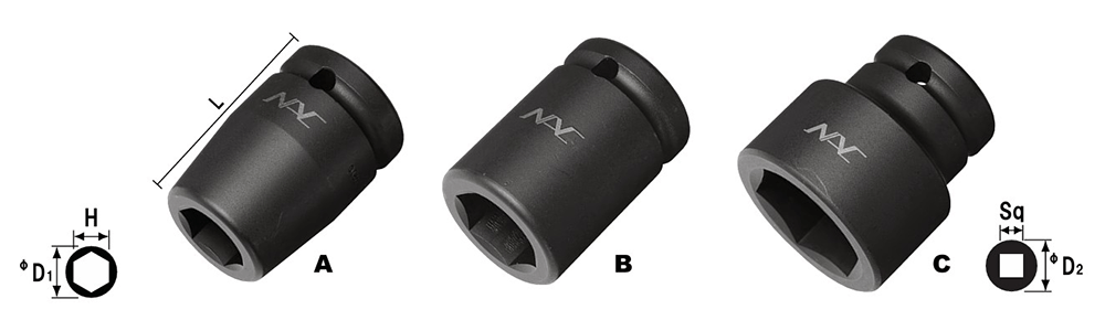 NAC(長堀工業) 6角ソケット ショートタイプ (差込角 19mm・3/4)の寸法図