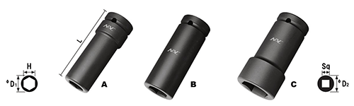 NAC(長堀工業) 6角ソケット ディープタイプ (差込角 19mm・3/4)の寸法図