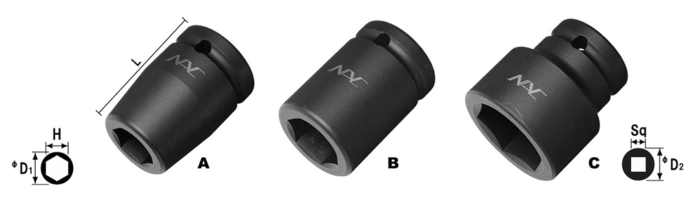 NAC(長堀工業) 6角ソケット ショートタイプ (差込角 25.4mm・1”)の寸法図