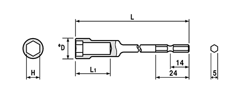 NAC(長堀工業) 6角ドライバーソケット(B-10)(差込口： 六角軸 5mmx14)の寸法図