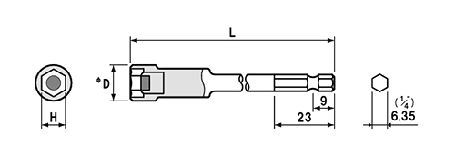 NAC(長堀工業) 6角ドライバーソケットMPタイプ(マグネチット圧入)(B-30)(差込口： 六角軸 6.35mmx9)の寸法図