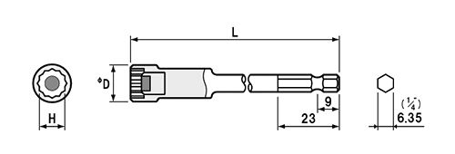 NAC(長堀工業) 12角ドライバーソケットMPタイプ(マグネチット圧入)(B-30)(差込口： 六角軸 6.35mmx9)の寸法図