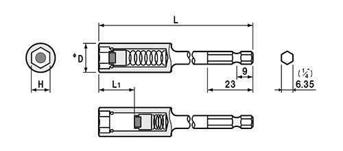 NAC(長堀工業) 6角ドライバーソケットMSタイプ(マグネチットスライド)(B-30)(差込口： 六角軸 6.35mmx9)の寸法図