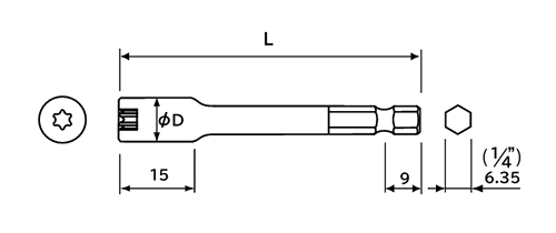 NAC(長堀工業) トルクス E型ドライバーソケット(ボルト用)(B3)(差込口： 六角軸 6.35mmx9)の寸法図