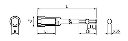 NAC(長堀工業) ドライバーソケット(B-40)(差込口： 六角軸 6.35mmx13)の寸法図