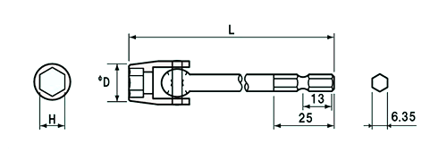 NAC(長堀工業) ユニバーサル ドライバーソケット(B-40/4BU)(差込口： 六角軸 6.35mmx13)の寸法図
