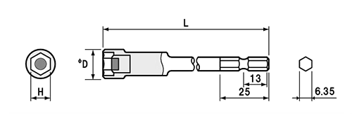 NAC(長堀工業) ドライバーソケットMPタイプ(マグネチット圧入)(B-40/4BMP)(差込口： 六角軸 6.35mmx13)の寸法図