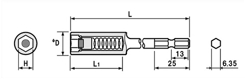 NAC(長堀工業) ドライバーソケットMSタイプ(マグネチットスライド)(B-40/4BMS)(差込口： 六角軸 6.35mmx13)の寸法図