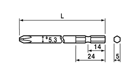 NAC(長堀工業) (+)ビセッター用ビット(B-10)(差込口 5mmx14x先端φ5.3)の寸法図
