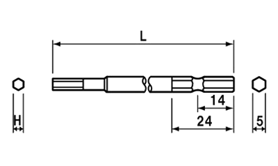NAC(長堀工業) ヘキサゴンアレンビット(六角穴付きボルト用)(B-10)(差込口 5mmx14)の寸法図