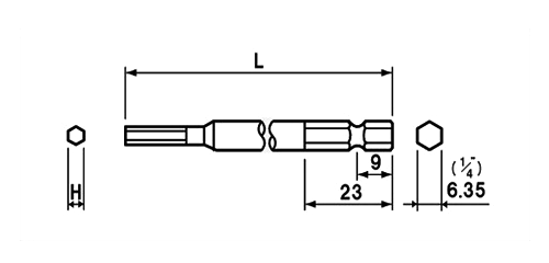 NAC(長堀工業) ヘキサゴンアレンビット(六角穴付きボルト用)(B-30)(差込口 6.35mmx9)の寸法図