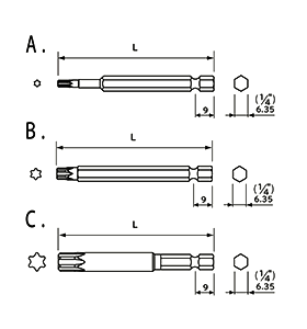 NAC(長堀工業) トルクスT型ビット(B-30/S3)(差込口 6.35mmx9)の寸法図