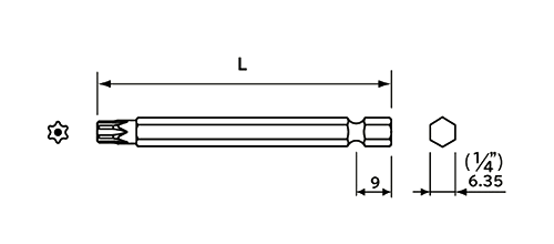 NAC(長堀工業) トルクスT型ビット いじり止めピン付き((B-30/S3)(差込口 6.35mmx9)の寸法図