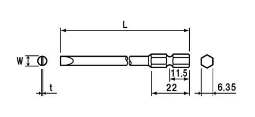 NAC(長堀工業) (-)片頭マイナスドライバービット(B-37)(差込口 6.35mmx11.5)の寸法図