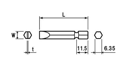 NAC(長堀工業) (-)片頭幅広マイナスドライバービット(B-37)(差込口 6.35mmx11.5/ -6mm幅)の寸法図
