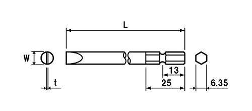 NAC(長堀工業) (-)片頭幅広マイナスドライバービット(B-40)(差込口 6.35mmx13)の寸法図