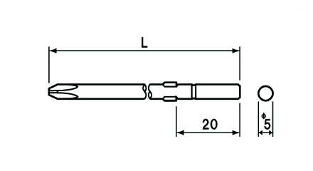 NAC(長堀工業) ハイオス用電動ドライバー用(+)プラスビット(H5)(差込口径φ5mm)の寸法図