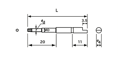 NAC(長堀工業) デルボ用電動ドライバー用 トルクスT型ビット(DB)(差込口径φ4mm)の寸法図