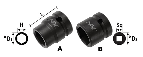 NAC(長堀工業) 6角ソケットミニタイプ (差込角 12.7mm・1/2)の寸法図