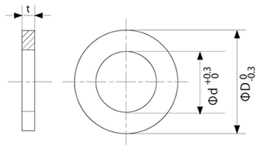 真鍮 シムワッシャー板厚0.5t (内径x外径x厚み/公差)の寸法図